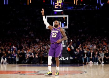 Los Angeles Lakers forward LeBron James reacts own the court during the first quarter of the Los Angeles Lakers vs New York Knicks at Madison Square Garden in New York, New York, Sunday, February 1, 2026.