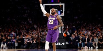Los Angeles Lakers forward LeBron James reacts own the court during the first quarter of the Los Angeles Lakers vs New York Knicks at Madison Square Garden in New York, New York, Sunday, February 1, 2026.