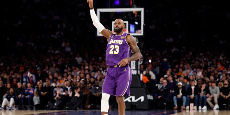 Los Angeles Lakers forward LeBron James reacts own the court during the first quarter of the Los Angeles Lakers vs New York Knicks at Madison Square Garden in New York, New York, Sunday, February 1, 2026.