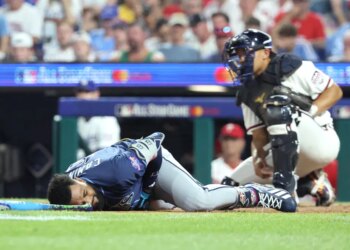 American League All-Stars third baseman Junior Caminero (13) of the Tampa Bay Rays is hit by a pitch