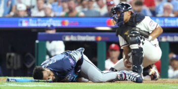 American League All-Stars third baseman Junior Caminero (13) of the Tampa Bay Rays is hit by a pitch