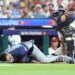 American League All-Stars third baseman Junior Caminero (13) of the Tampa Bay Rays is hit by a pitch