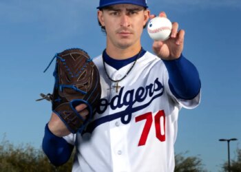 Los Angeles Dodgers pitcher Justin Wrobleski #70 poses with a baseball and glove.