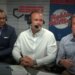 Karl Ravech (r.) with David Ross (c.) and Eduardo Perez (l.) during ESPN's Phillies-Dodgers broadcast on July 20, 2026.