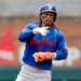 Francisco Lindor of the New York Mets reacts after hitting an RBI single.