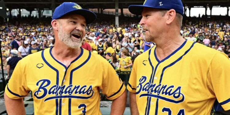 Former Cubs greats Kerry Wood (right) and David Ross (right) played for the Savannah Bananas on July 25, 2026 at Wrigley Field.