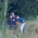 A golfer in a blue shirt with his caddy and other officials in long grass, with a golf leaderboard visible on the right.