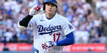 Los Angeles Dodgers Shohei Ohtani (17) celebrates his solo home run against the Seattle Mariners during the first inning of a baseball game Tuesday, July 28 2026, in Los Angeles