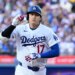 Los Angeles Dodgers Shohei Ohtani (17) celebrates his solo home run against the Seattle Mariners during the first inning of a baseball game Tuesday, July 28 2026, in Los Angeles