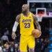 LeBron James of the Los Angeles Lakers dribbling the ball during a game against the Brooklyn Nets.