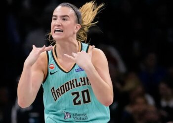 Sabrina Ionescu asks to challenge a call during the Liberty' 88-77 loss to the Wings on July 7, 2026 at Barclays Center.
