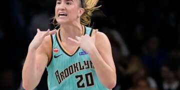 Sabrina Ionescu asks to challenge a call during the Liberty' 88-77 loss to the Wings on July 7, 2026 at Barclays Center.