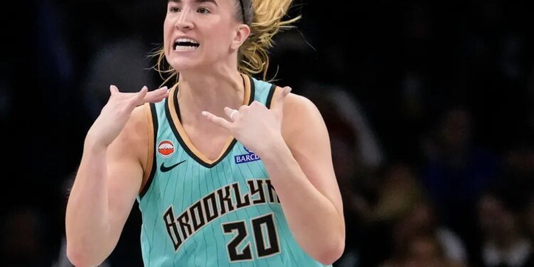 Sabrina Ionescu asks to challenge a call during the Liberty' 88-77 loss to the Wings on July 7, 2026 at Barclays Center.