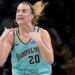 Sabrina Ionescu asks to challenge a call during the Liberty' 88-77 loss to the Wings on July 7, 2026 at Barclays Center.
