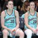 Breanna Stewart (left) and Sabrina Ionescu wear dejected expressions on the bench during the Liberty's loss to the Wings on July 7, 2026.