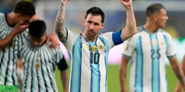 Argentina's Lionel Messi celebrates after a soccer match.
