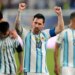 Argentina's Lionel Messi celebrates after a soccer match.