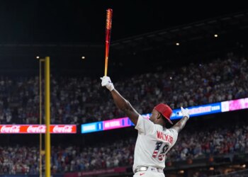 St. Louis Cardinals' Jordan Walker reacts as he wins the the MLB baseball All-Star Home Run Derby.