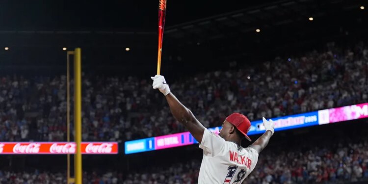 St. Louis Cardinals' Jordan Walker reacts as he wins the the MLB baseball All-Star Home Run Derby.