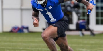 Giants wide receiver Malik Nabers runs a drill during camp at the Greenbrier on July 29, 2026, in White Sulpher Springs, W.Va.