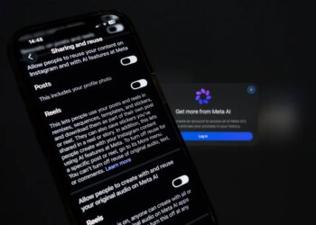 A smartphone displaying the Instagram app's "Sharing and reuse" settings, with options for content reuse by Meta AI, alongside a "Get more from Meta AI" pop-up.