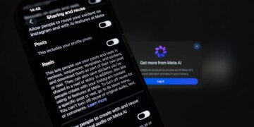 A smartphone displaying the Instagram app's "Sharing and reuse" settings, with options for content reuse by Meta AI, alongside a "Get more from Meta AI" pop-up.