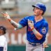 New York Mets center fielder A.J. Ewing (9) reacts after hitting a home run.