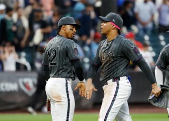 Two baseball players in gray pinstriped jerseys and white pants, facing each other with hands in mid-air for a high-five.