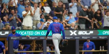 Jul 20, 2026; Milwaukee, Wisconsin, USA; New York Mets pitcher Freddy Peralta (51) walks to the dugout after being pulled from the game during the sixth inning against the Milwaukee Brewers at American Family Field. Mandatory Credit: Jeff Hanisch-Imagn Images