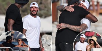 Michael Jordan hugs David Beckham during Ibiza vacation with wives