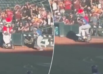 Minor league mascot bowls over Alek Thomas on scooter