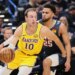 Basketball players Ajay Mitchell (Lakers #10) and Luke Kennard (#25) during a game.