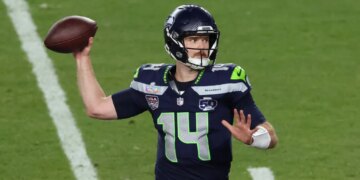 Sam Darnold #14 of the Seattle Seahawks during the Super Bowl.