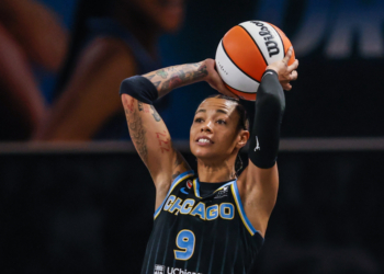 Chicago Sky guard Natasha Cloud (9) looks for a pass against the Atlanta Dream during the third quarter at Gateway Center Arena at College Park.