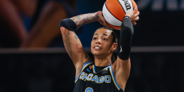 Chicago Sky guard Natasha Cloud (9) looks for a pass against the Atlanta Dream during the third quarter at Gateway Center Arena at College Park.