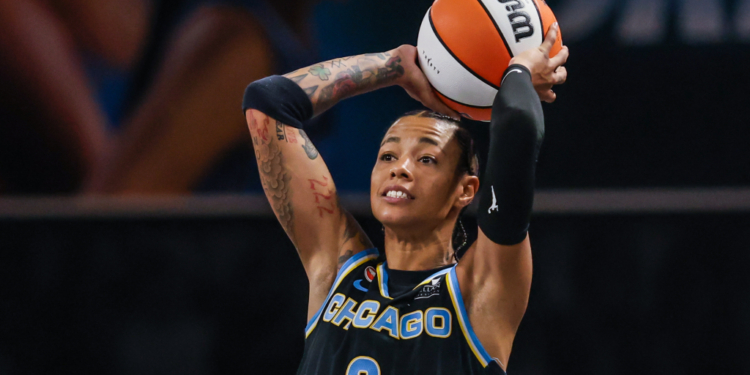 Chicago Sky guard Natasha Cloud (9) looks for a pass against the Atlanta Dream during the third quarter at Gateway Center Arena at College Park.
