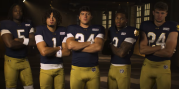 Five male football players in blue jerseys and gold pants stand with their arms crossed.