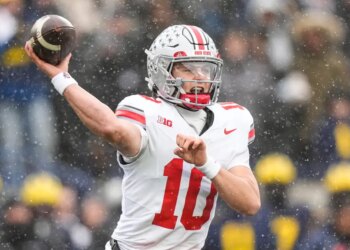 Ohio State quarterback Julian Sayin (10) passes the football during the second half in Ann Arbor.