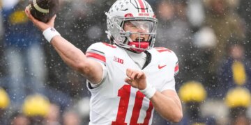 Ohio State quarterback Julian Sayin (10) passes the football during the second half in Ann Arbor.