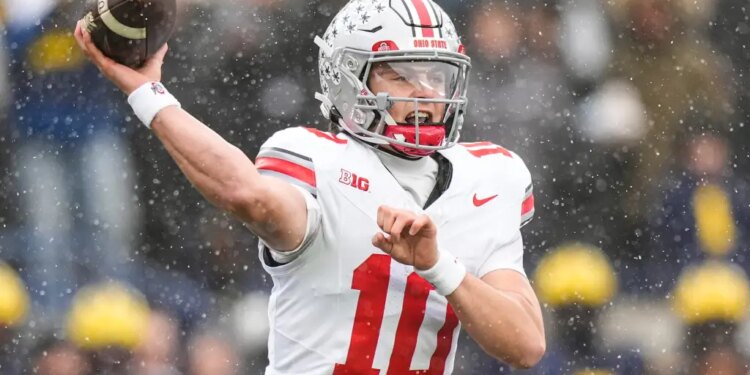 Ohio State quarterback Julian Sayin (10) passes the football during the second half in Ann Arbor.