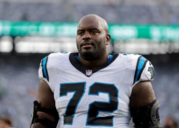 Carolina Panthers offensive tackle Taylor Moton (72) reacts after an NFL football game against the New York Jets on Oct. 19, 2025, in East Rutherford, N.J.