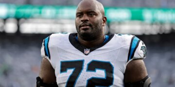 Carolina Panthers offensive tackle Taylor Moton (72) reacts after an NFL football game against the New York Jets on Oct. 19, 2025, in East Rutherford, N.J.