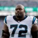 Carolina Panthers offensive tackle Taylor Moton (72) reacts after an NFL football game against the New York Jets on Oct. 19, 2025, in East Rutherford, N.J.