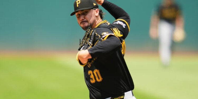 Paul Skenes of the Pittsburgh Pirates pitches in a baseball game.