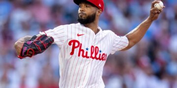 Philadelphia Phillies starting pitcher Cristopher Sanchez delivers during the second inning of a baseball game against the New York Mets on Saturday, June 20, 2026, in Philadelphia.