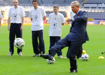 HRH Prince of Wales kicks a penalty during a visit to Newcastle United's St James' Park ground on November 8, 2006.