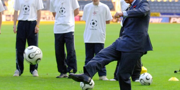 HRH Prince of Wales kicks a penalty during a visit to Newcastle United's St James' Park ground on November 8, 2006.