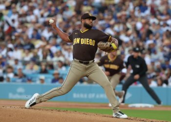 San Diego Padres pitcher Luis Garcia pitches against the Los Angeles Dodgers.