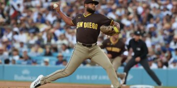 San Diego Padres pitcher Luis Garcia pitches against the Los Angeles Dodgers.