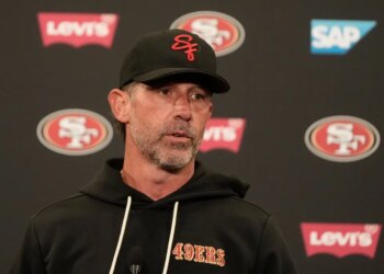 San Francisco 49ers head coach Kyle Shanahan speaks at a news conference.
